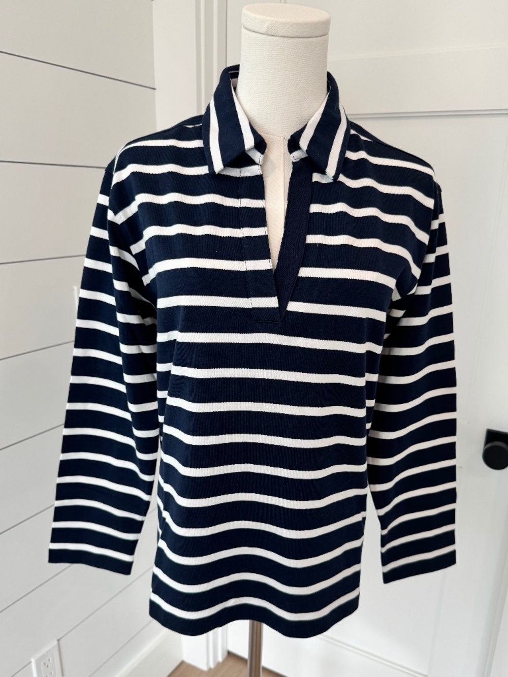 J McLaughlin Long Sleeve, Navy & White Striped Polo Shirt, Size:L
